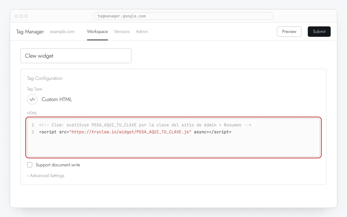 Configuración de la etiqueta Custom HTML con la línea de Clew pegada en el campo HTML