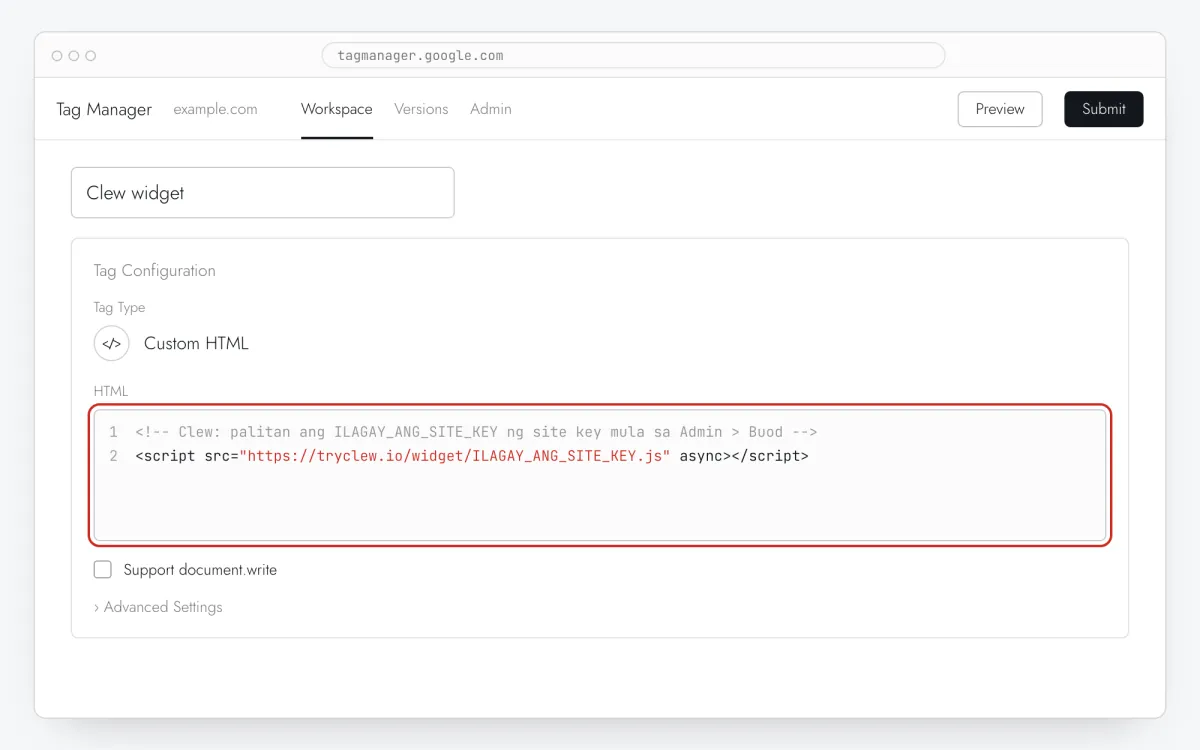 Custom HTML tag configuration na may Clew line na naka-paste sa HTML field