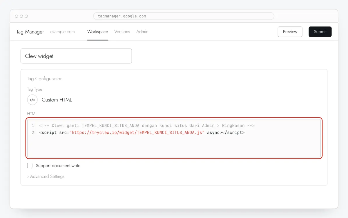 Konfigurasi tag Custom HTML dengan baris Clew ditempel di kolom HTML