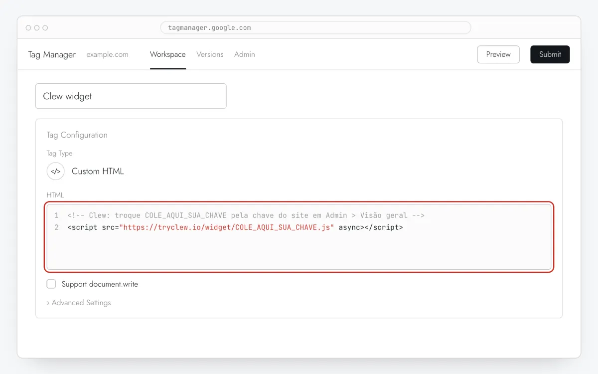 Configuração da tag Custom HTML com a linha do Clew colada no campo HTML