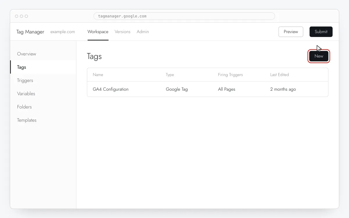 Google Tag Manager workspace with Tags selected in the sidebar and the New button highlighted