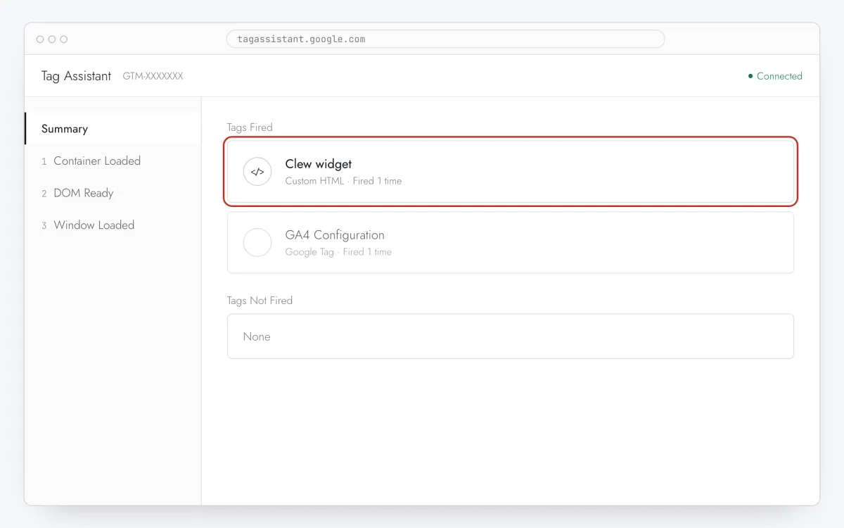 Tag Assistant summary with Clew widget listed under Tags Fired