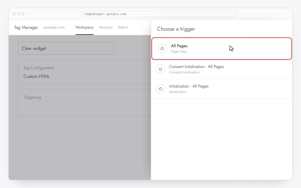 Choose a trigger panel with the All Pages page view trigger highlighted