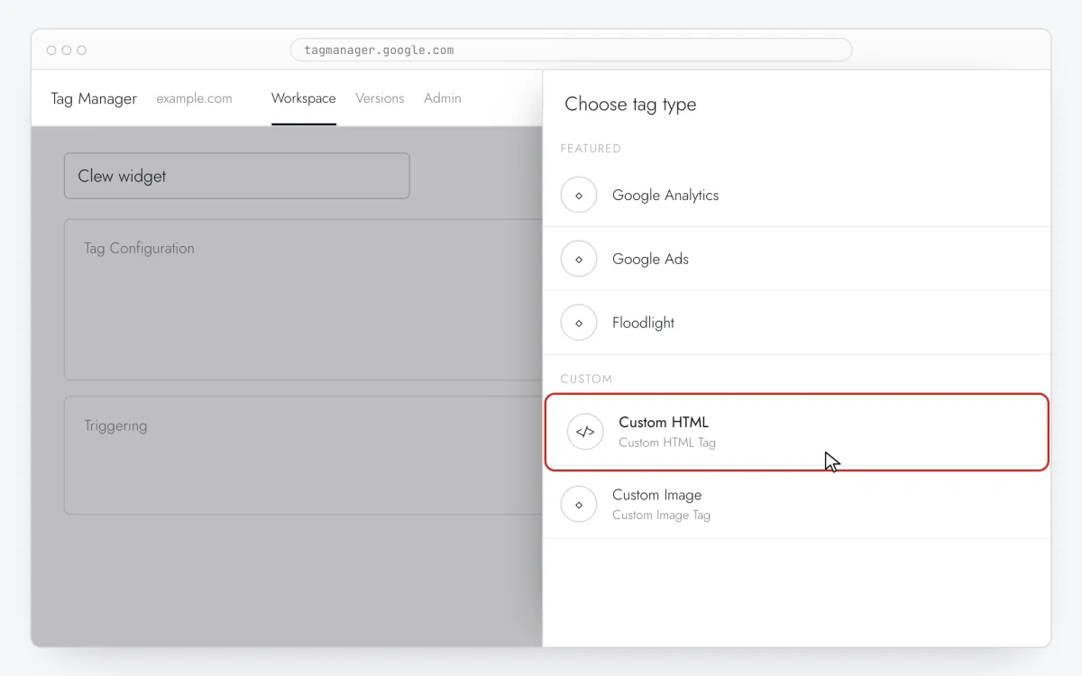 Choose tag type panel in Google Tag Manager with Custom HTML highlighted