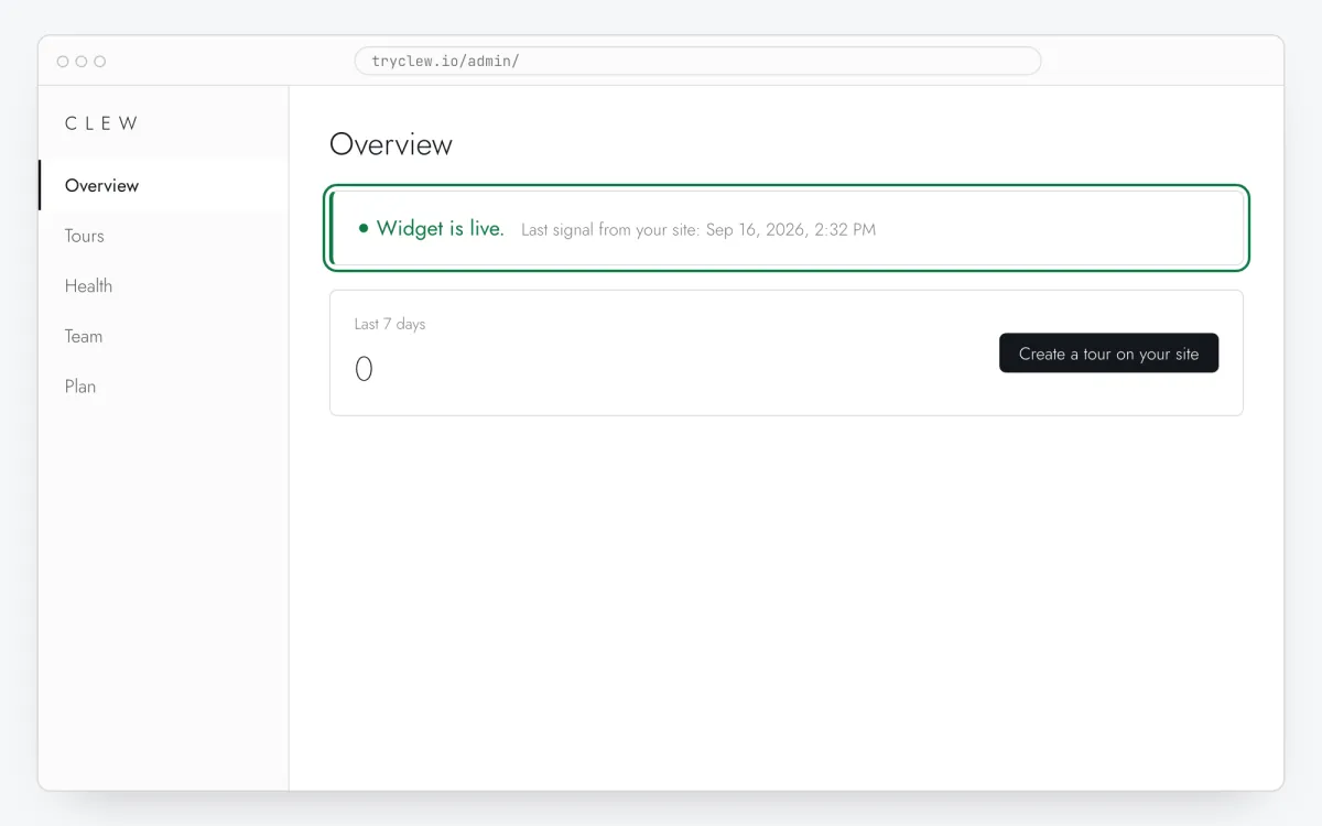 Clew admin Overview with the green “Widget is live” card