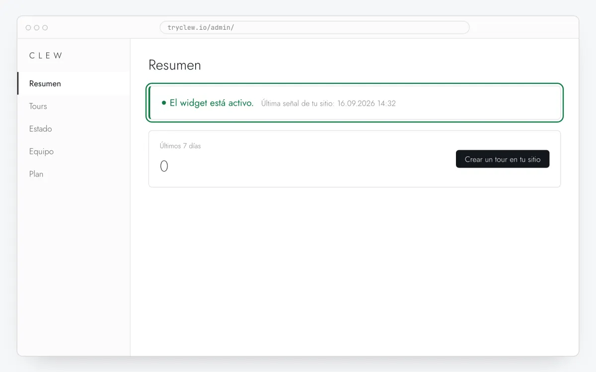 Resumen del admin de Clew con la tarjeta verde de widget activo