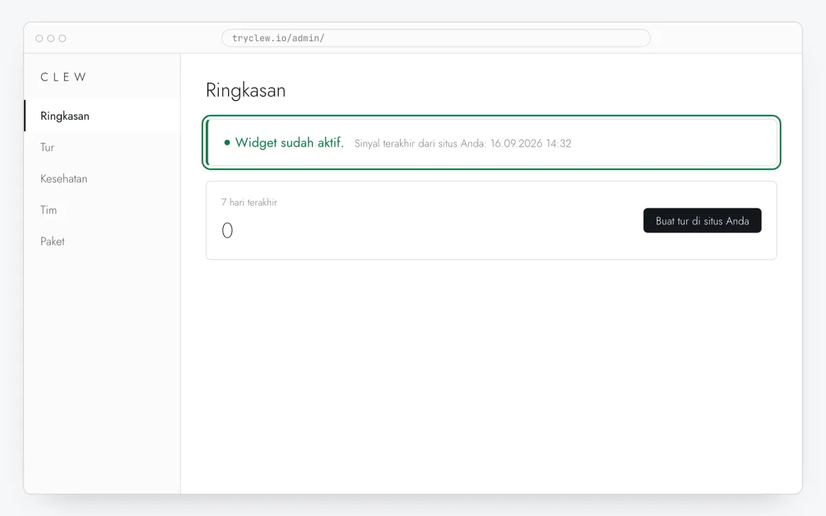 Ringkasan di admin Clew dengan kartu hijau widget aktif