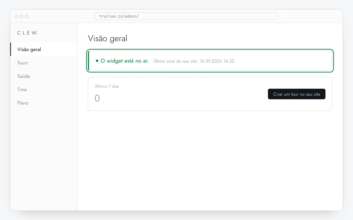 Visão geral do admin do Clew com o cartão verde de widget ativo