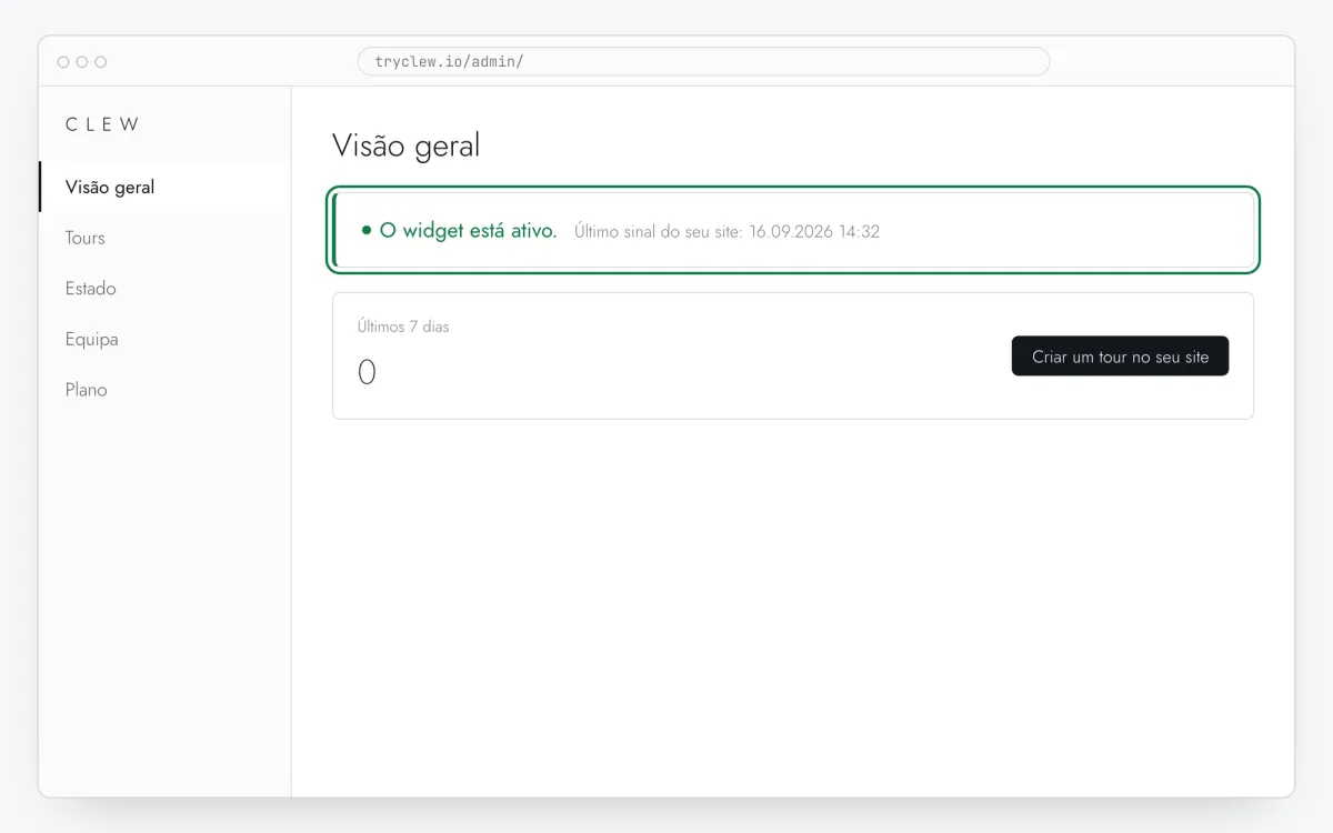 Visão geral do admin do Clew com o cartão verde de widget ativo