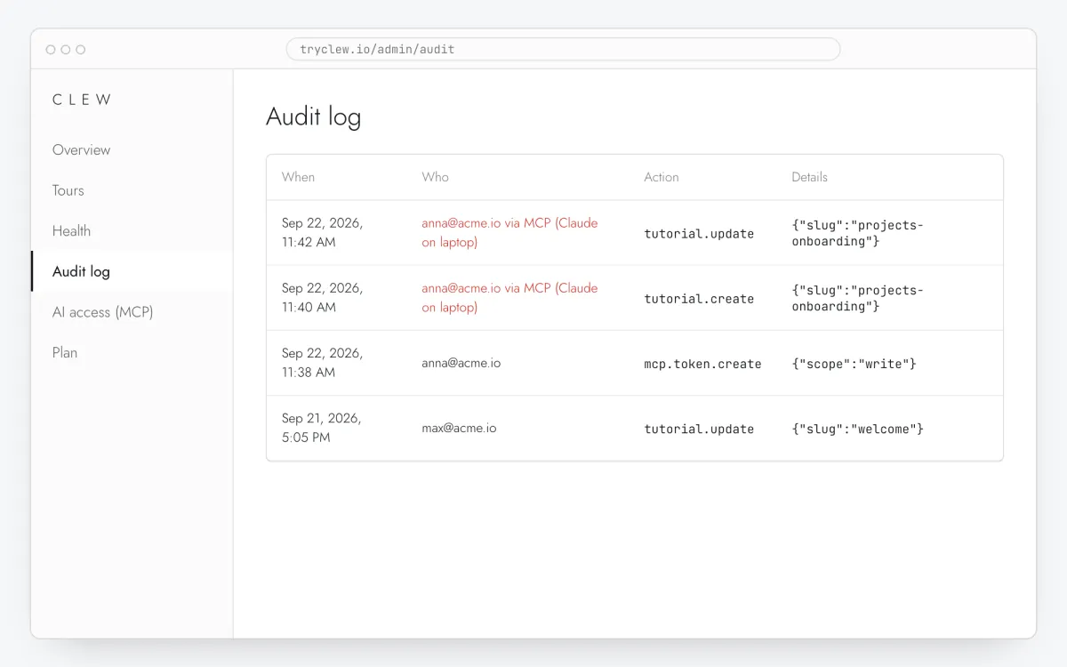 Clew audit log with tour changes made via MCP, named by person and token