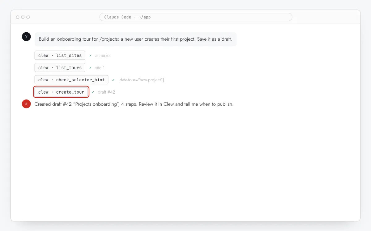 An assistant chat that lists Clew sites, checks selectors and creates a draft tour