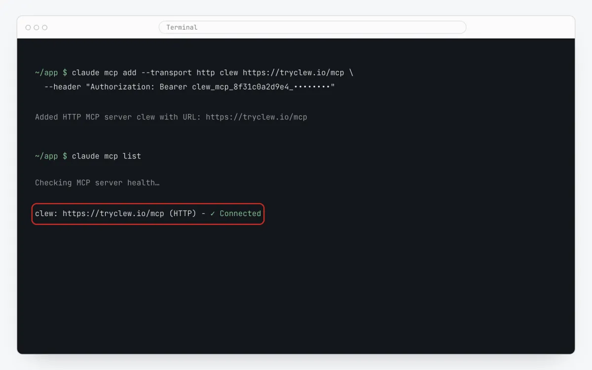 Terminal with the claude mcp add command for Clew and claude mcp list showing it connected