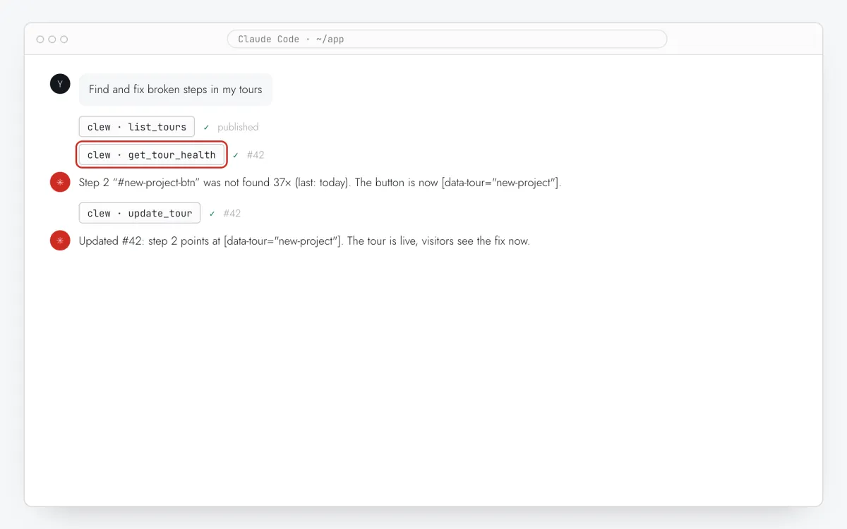 An assistant chat that finds a broken step with get_tour_health and fixes its selector