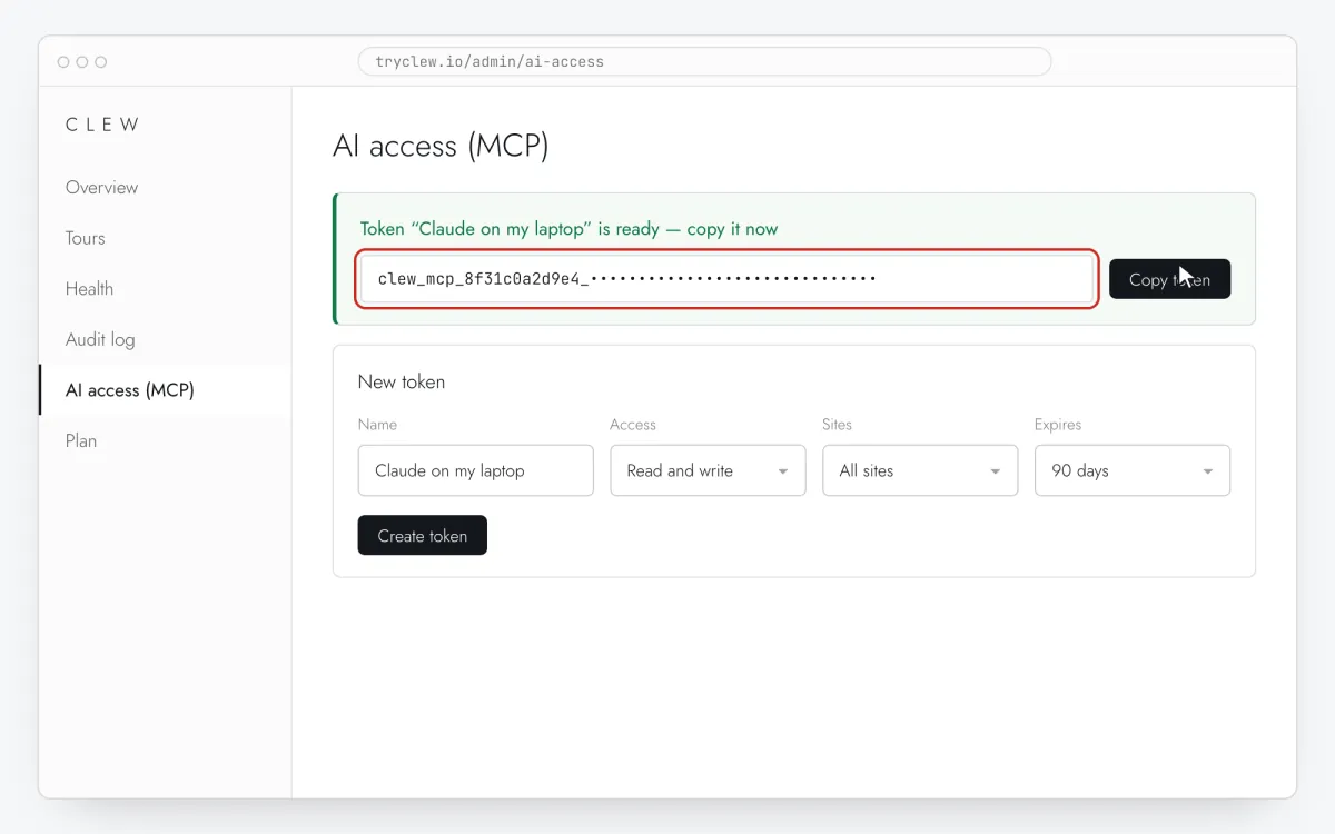 Clew admin, AI access (MCP) screen with a new read-and-write token shown once