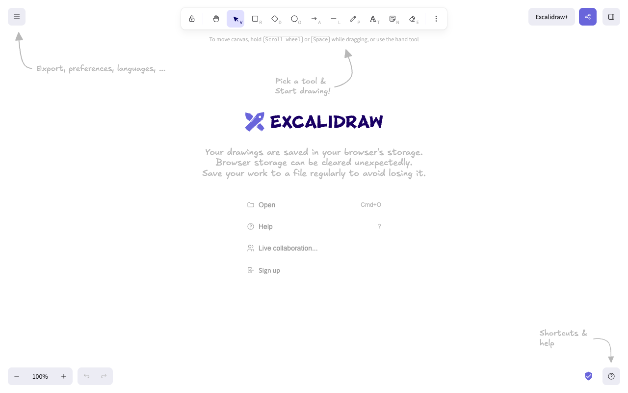 The Excalidraw start screen: an empty canvas, a toolbar at the top and hand-drawn arrows labelled "Pick a tool & Start drawing!" and "Export, preferences, languages, ..."