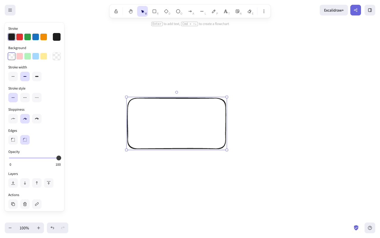 The Excalidraw canvas with one hand-drawn rectangle selected, a properties panel on the left and a hint bar reading "Enter to add text, Cmd + up/down to create a flowchart"