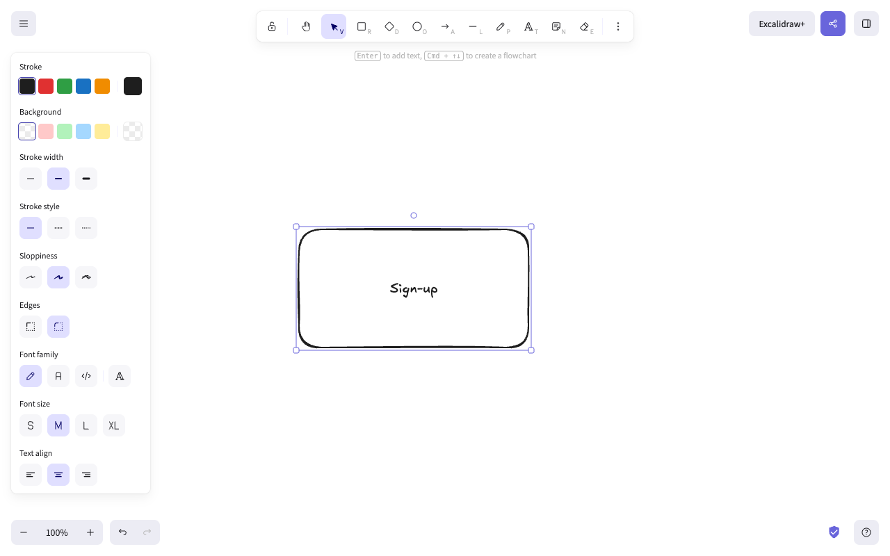 The same Excalidraw rectangle with the word "Sign-up" typed inside it, and font family, font size and text alignment controls now in the left panel