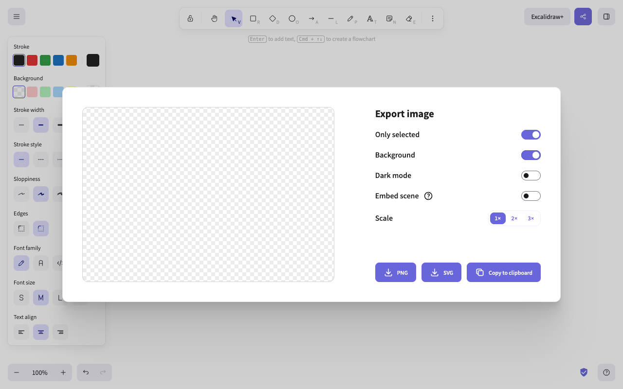 The Excalidraw "Export image" dialog with "Only selected" switched on and an empty checkerboard preview, next to PNG, SVG and Copy to clipboard buttons