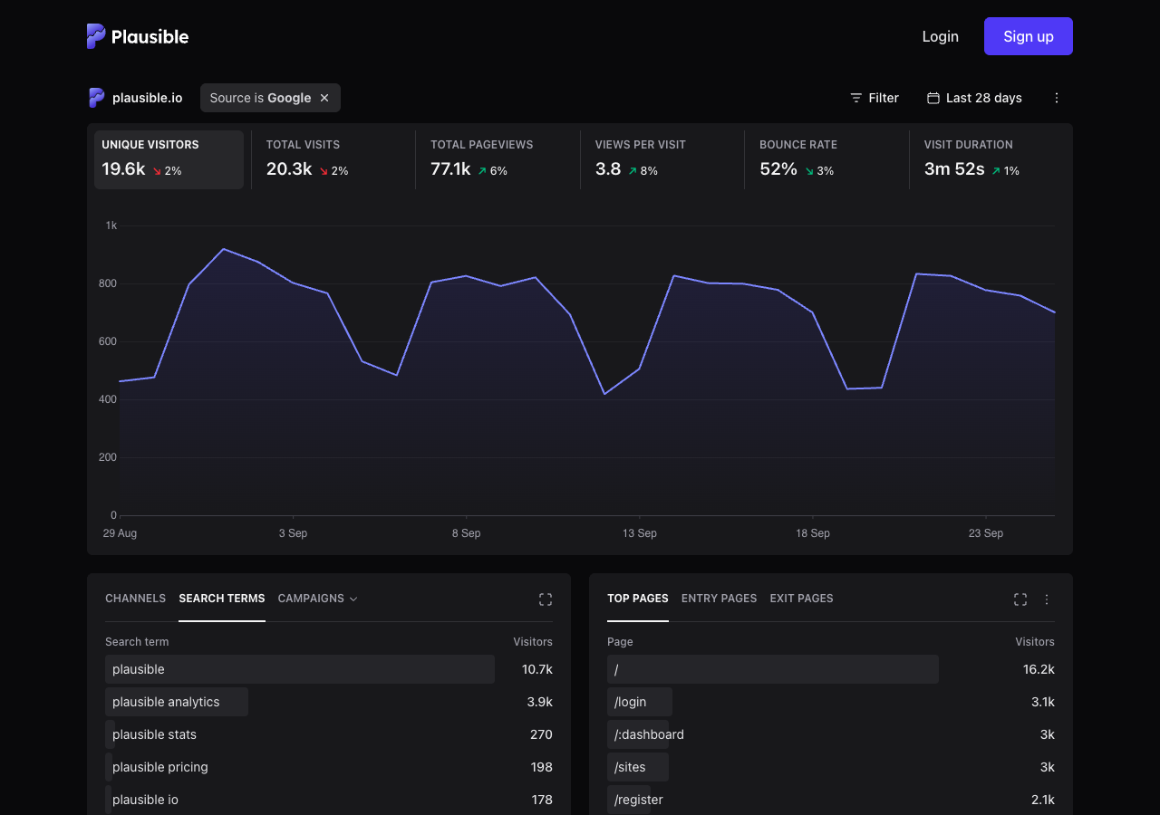 The same Plausible dashboard after filtering: a "Source is Google" pill next to the site name, unique visitors down to 19.6k, and the left panel now showing Search terms instead of Sources
